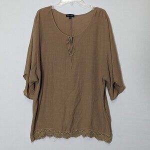 Women's NOTATIONS Tan/Beige Pullover Peasant Tunic Top w Lace; Size M